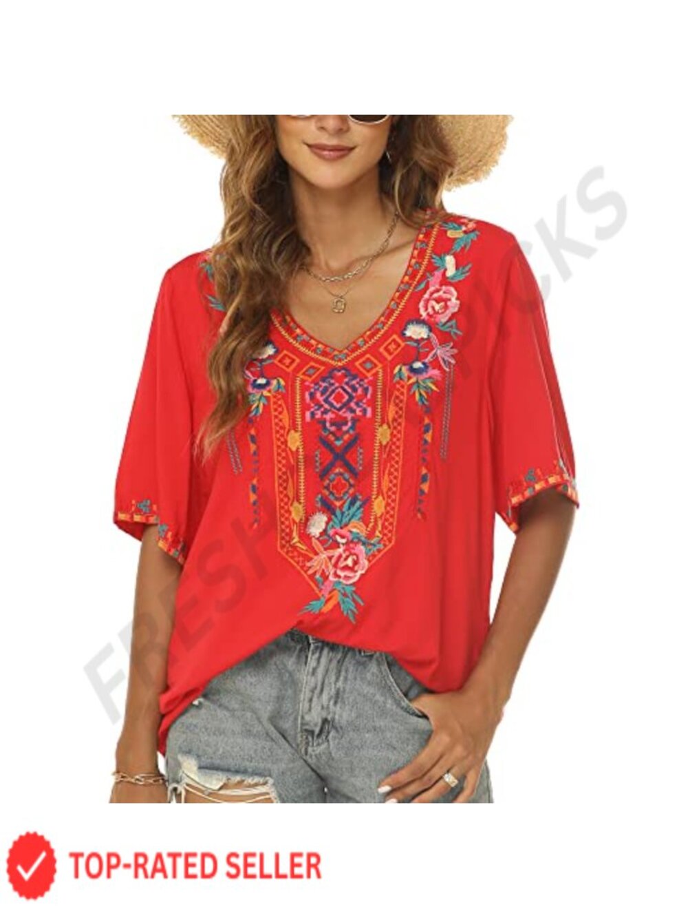 Plus Size Mexican Embroidered Peasant Blouse Loose Fit Boho Short Sleeve Top